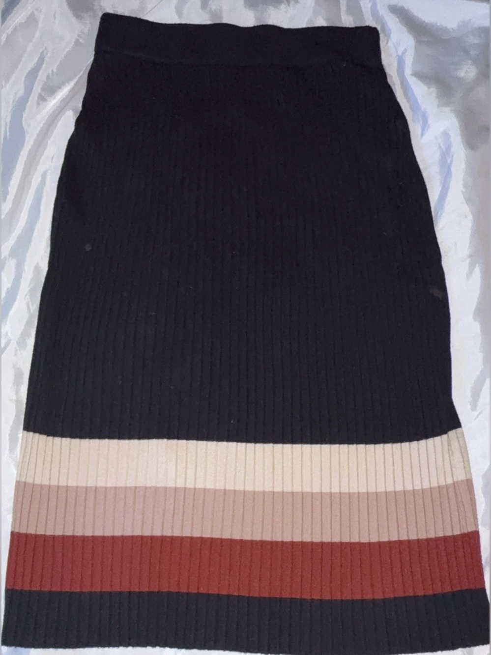 Sweet Rain Black Ribbed Pencil Skirt with Cream, Tan & Rust Stripes